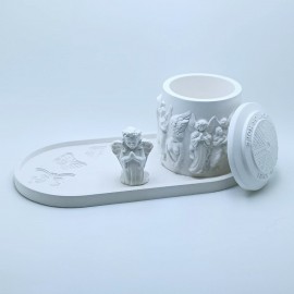 Conjunto Decorativo em Gesso  Bandeja + Pote com Anjos + Anjinho