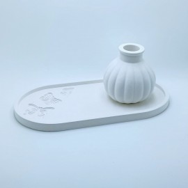 Conjunto Decorativo em Gesso  Bandeja com Mini Vaso Estriado